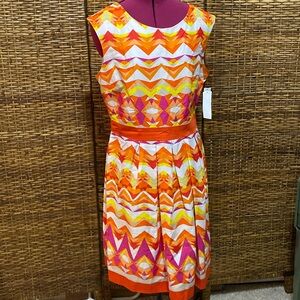 NWT SANDRA DARREN ORANGE Yellow hot Pink Fit & Flare Spring Dress retail $80